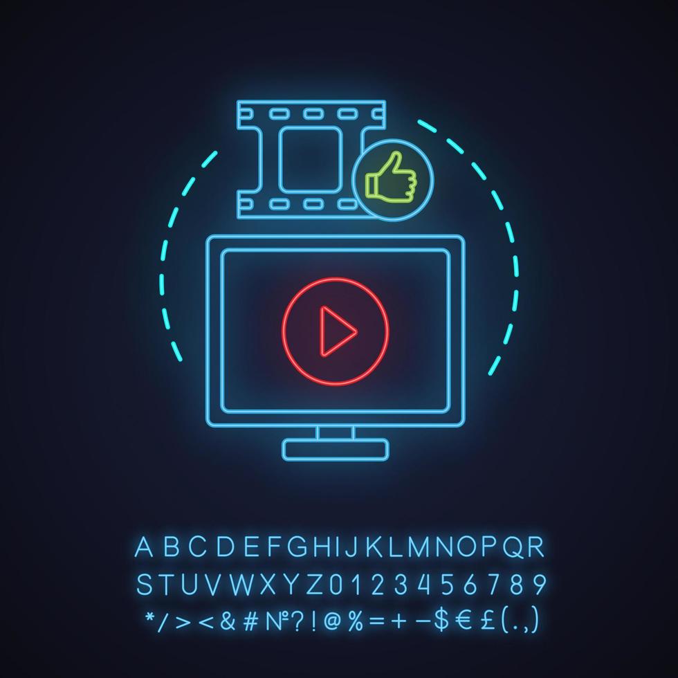 Video content neon light concept icon. Vlogging idea. Content positive feedback. Video production. Glowing sign with alphabet, numbers and symbols. Vector isolated illustration