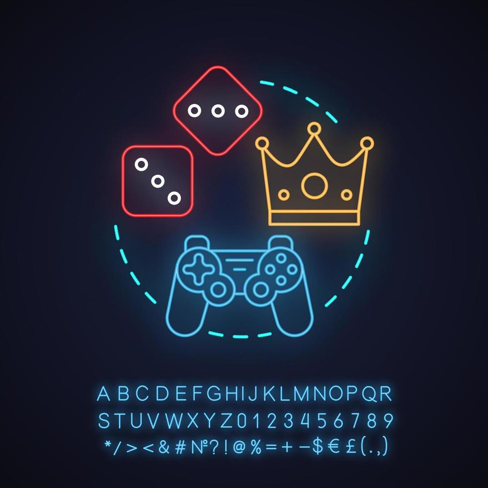 Gaming neon light concept icon. Gambling idea. Leisure and entertainment. Glowing sign with alphabet, numbers and symbols. Vector isolated illustration