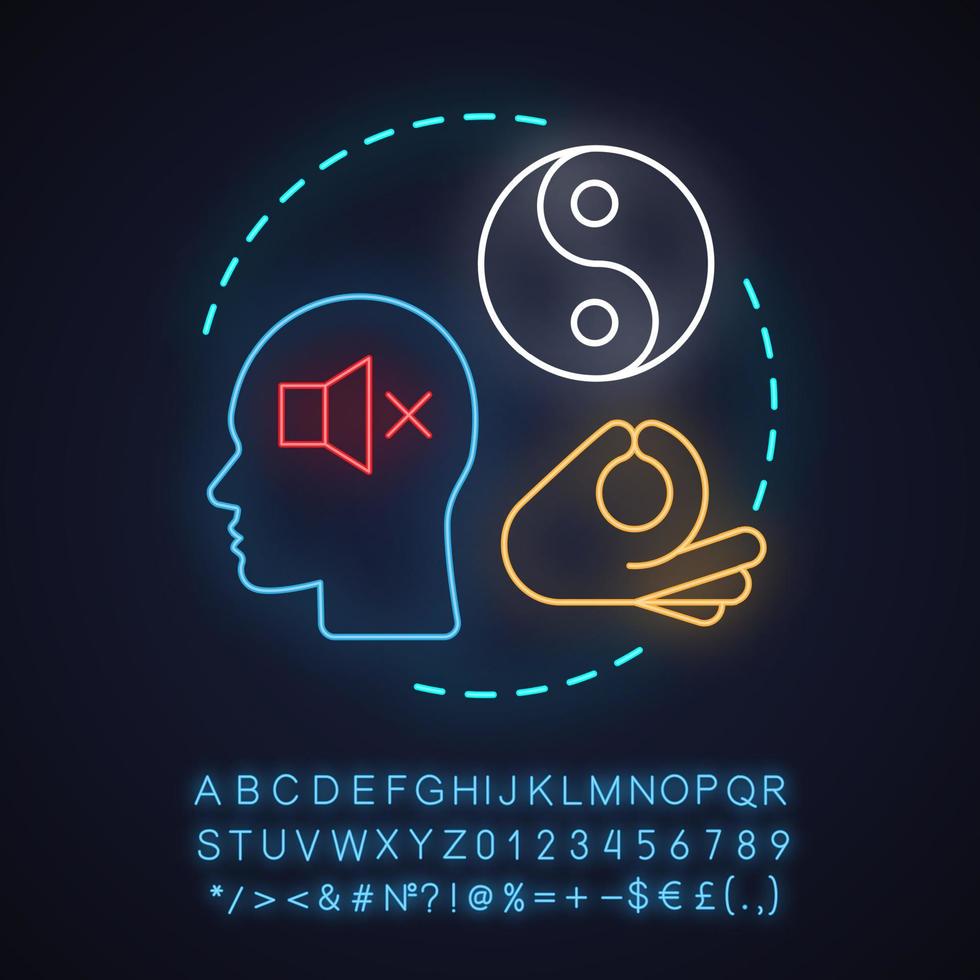 Calmness neon light concept icon. Mindfulness idea. Calm and peace. Positive thinking. Stress resistance. Glowing sign with alphabet, numbers and symbols. Vector isolated illustration