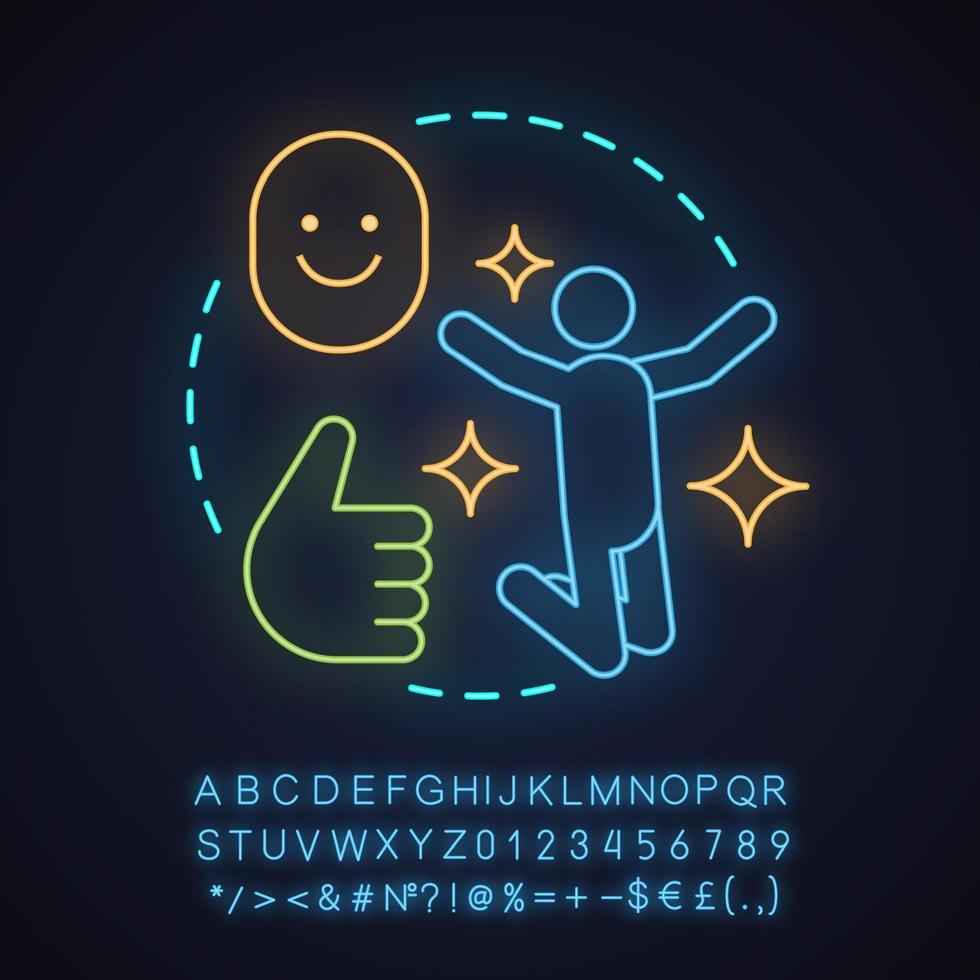 Happiness neon light concept icon. Fun idea. Optimism. Good mood. Glowing sign with alphabet, numbers and symbols. Vector isolated illustration