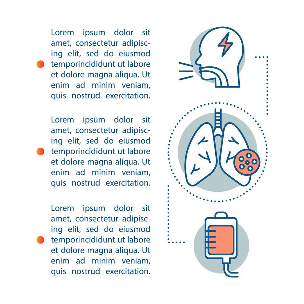 plantilla de vector de página de artículo de neumonía. enfermedad de los pulmones folleto, revista, elemento de diseño de folleto con iconos lineales y cuadros de texto. diseño de impresión. ilustraciones conceptuales con espacio de texto