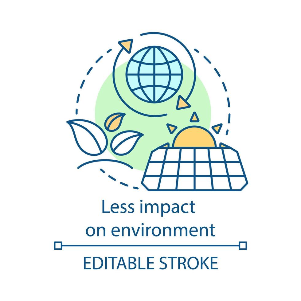 Less impact on environment concept icon. Ecology global care. Alternative energy resources. Energy saving technologies idea thin line illustration. Vector isolated outline drawing. Editable stroke