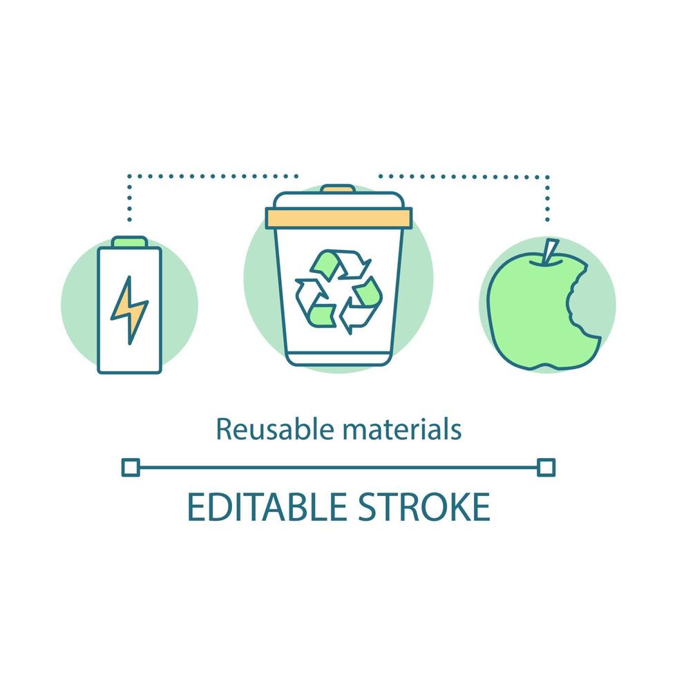 Reusable materials concept icon. Waste recycling idea thin line illustration. Plastic, paper, battery, organic food reuse. Utilization. Trash sorting. Vector isolated outline drawing. Editable stroke