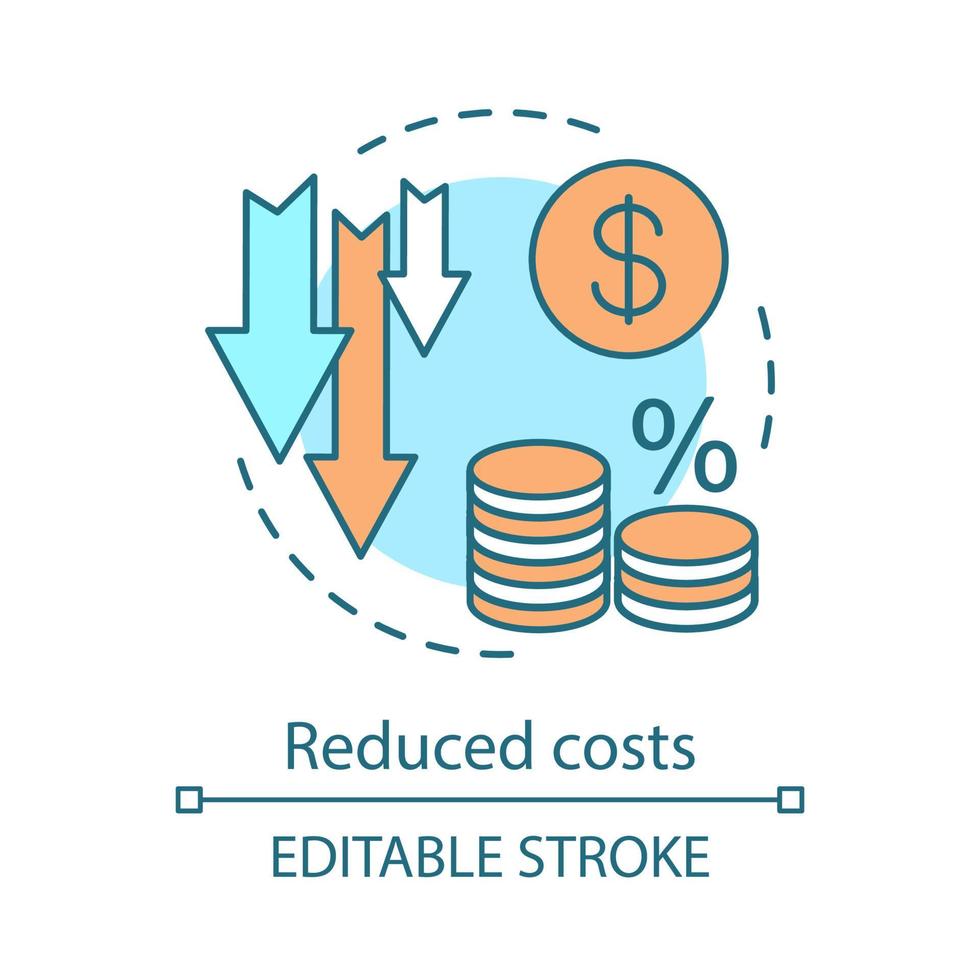 icono del concepto de ventajas. costos reducidos, gastos. porcentaje, tasa  de interés. descenso de beneficios. estrategia de ahorrar dinero idea  ilustración de línea delgada. dibujo de contorno aislado vectorial. trazo  editable 5187734