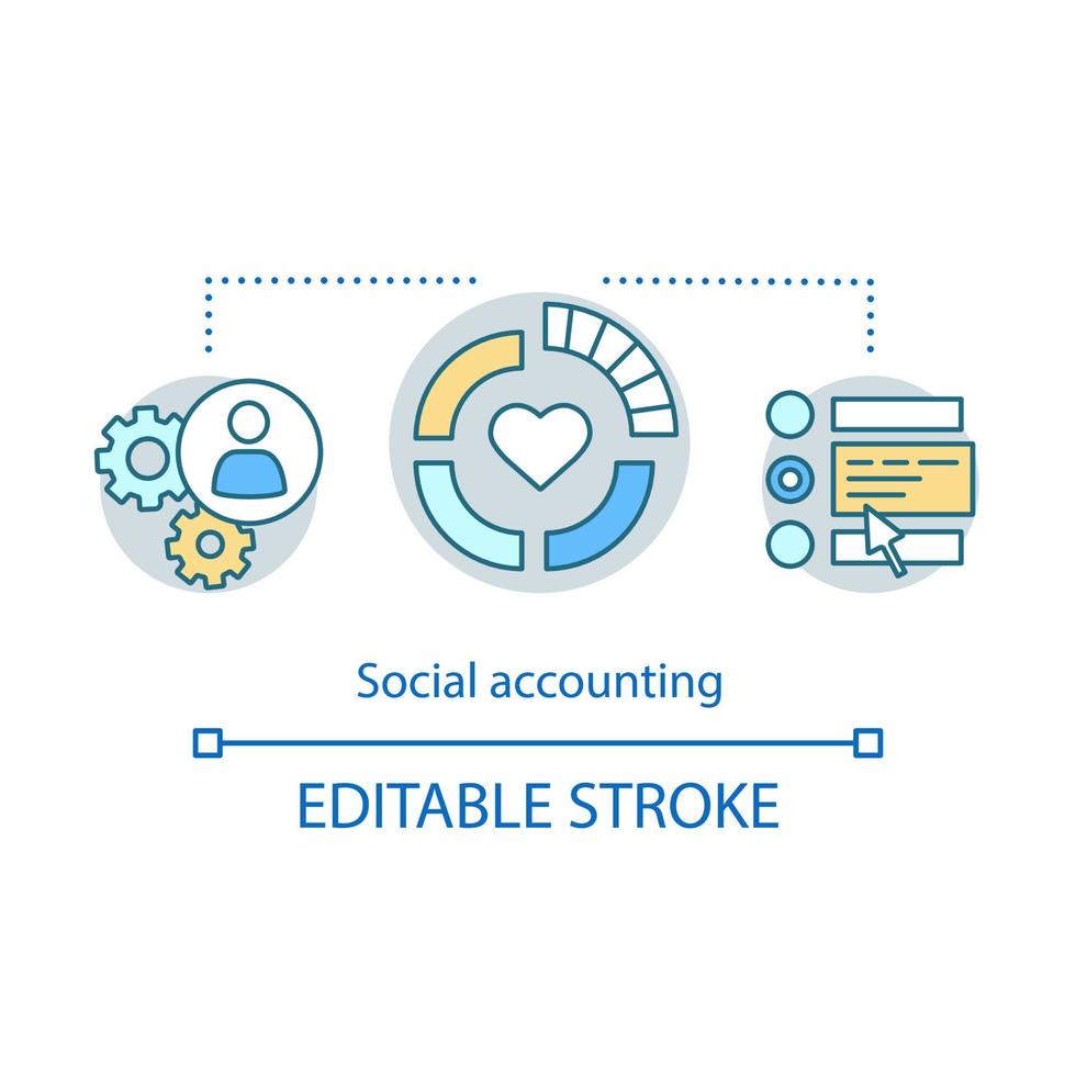 Social accounting concept icon. CSR idea thin line illustration. Corporate accountability, sustainability, responsibility. Community-based monitoring. Vector isolated outline drawing. Editable stroke
