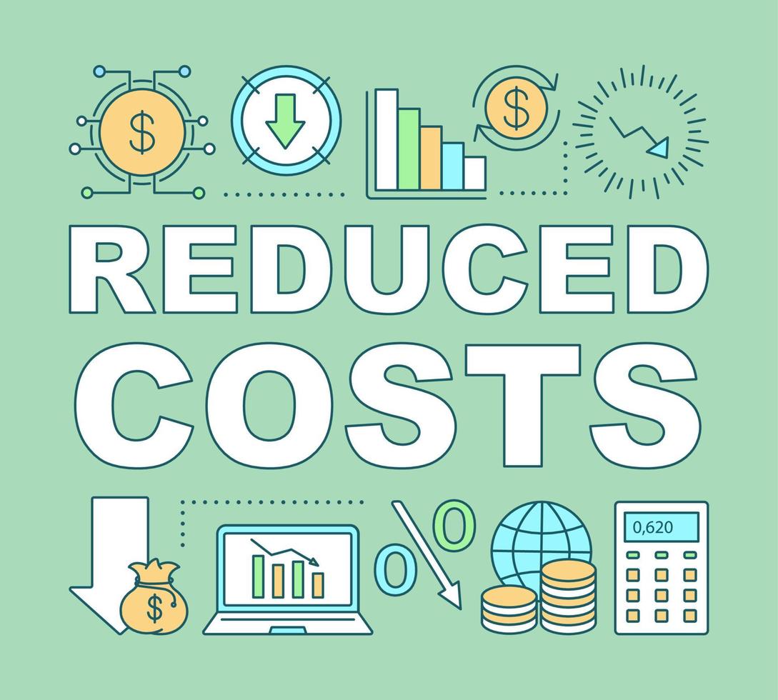 Reduced cost word concepts banner. Saving money tools. Business forecast. Presentation, website. Isolated lettering typography idea with linear icons. Vector outline illustration