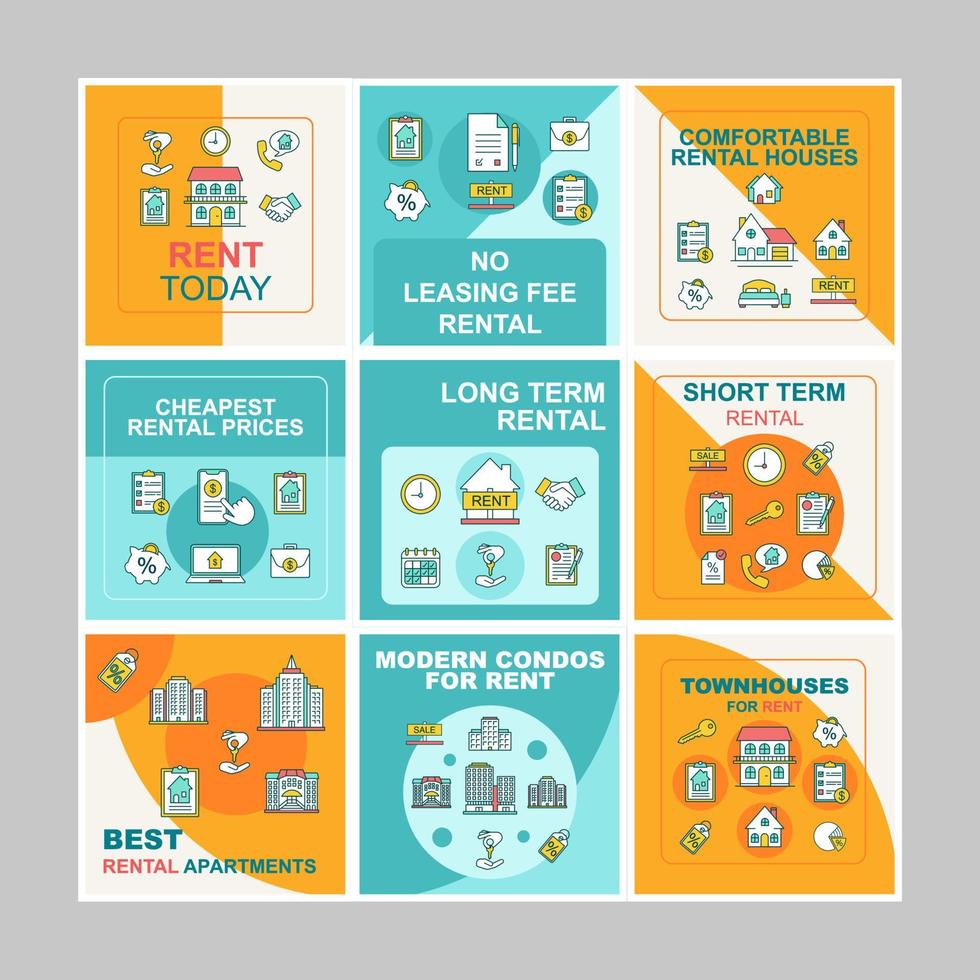 paquete de maquetas de publicaciones en redes sociales de alquiler de apartamentos. bienes raíces. plantilla de diseño de banner web publicitario. potenciador de kit de redes sociales, diseño de contenido. carteles de promoción aislados con marcos, iconos lineales vector