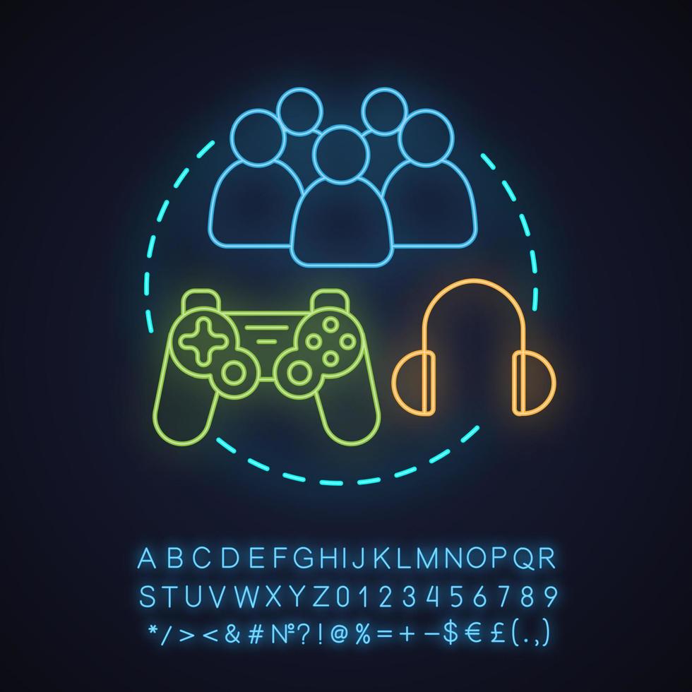 Entertainment neon light concept icon. Leisure with friends idea. Playing videogames, listening to music. Glowing sign with alphabet, numbers and symbols. Vector isolated illustration