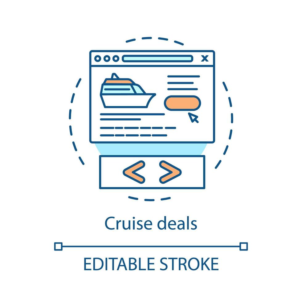 Cruise deal concept icon. Travel agency website idea thin line illustration. Voyage, journey, trip planning. Tickets online booking. Vector isolated outline drawing. Editable stroke