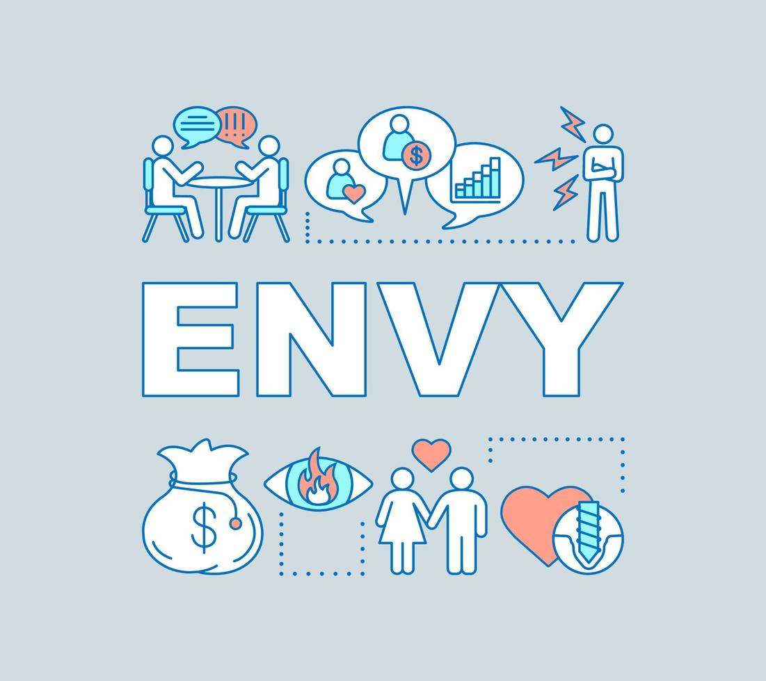 Envy word concepts banner. Emotion of grudge. Jealousy feeling, social inequality. Hatred person. Presentation, website. Isolated lettering typography idea, linear icons. Vector outline illustration