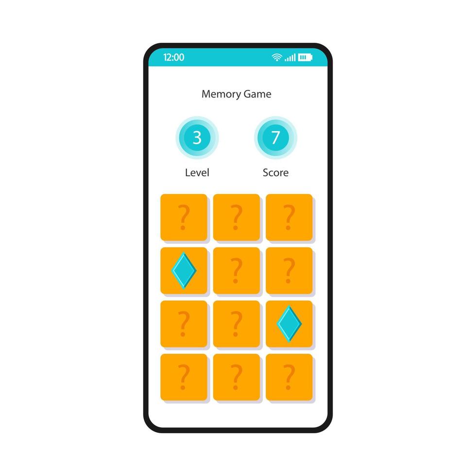 Memory game smartphone interface vector template. Mobile app page white design layout. Match pair, concentration, intellectual kid game screen. Flat UI for application. Brain training. Phone display
