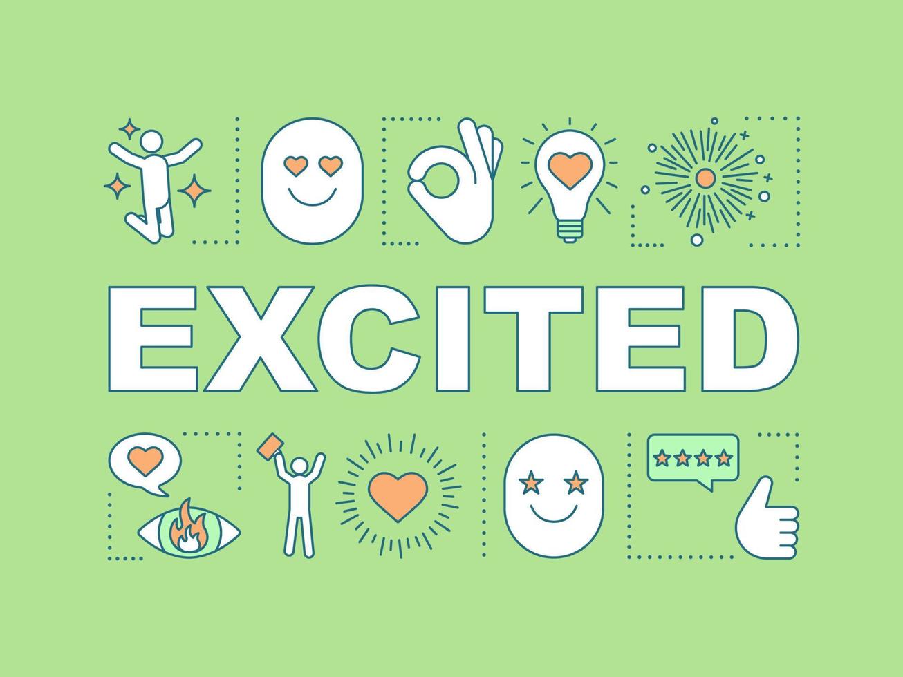 Excited word concepts banner. Enthusiastic and eager person. Joy expression. Happiness, enjoyment. Presentation, website. Isolated lettering typography idea, linear icons. Vector outline illustration