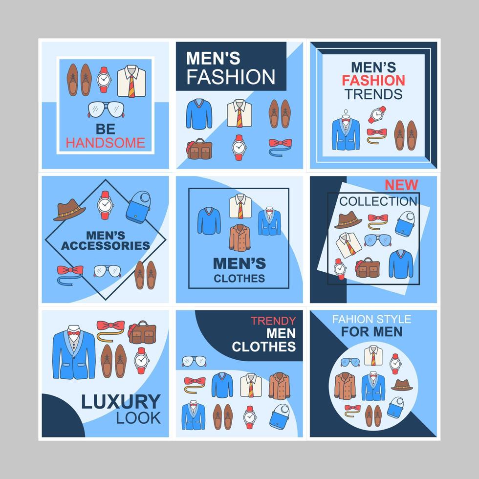 Mens fashion blog social media posts mockups pack. Clothes store. Advertising web banner design template. Social media kit booster, content layout. Isolated promotion posters with frames, linear icons vector