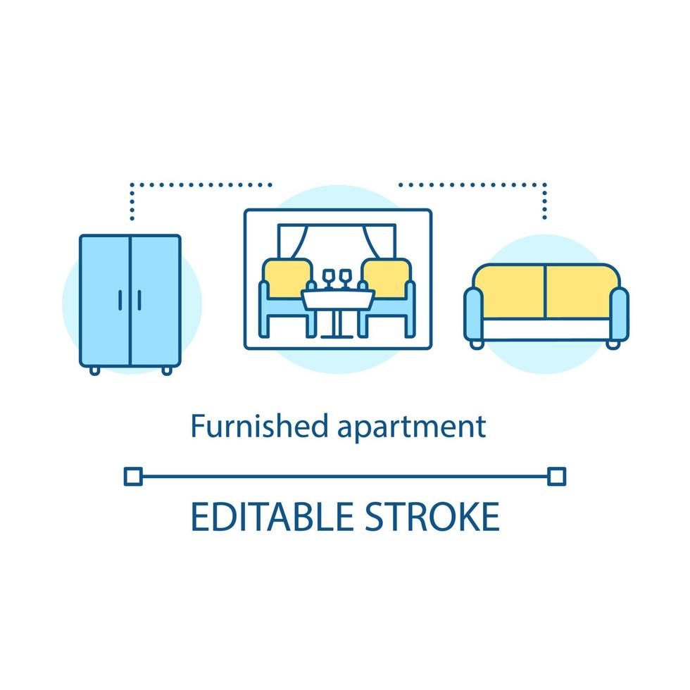 icono de concepto de apartamento amueblado. alojamiento con muebles. armario, silla, mesa, sofá. comodidad habitación interior idea línea delgada ilustración. dibujo de contorno aislado vectorial. trazo editable vector