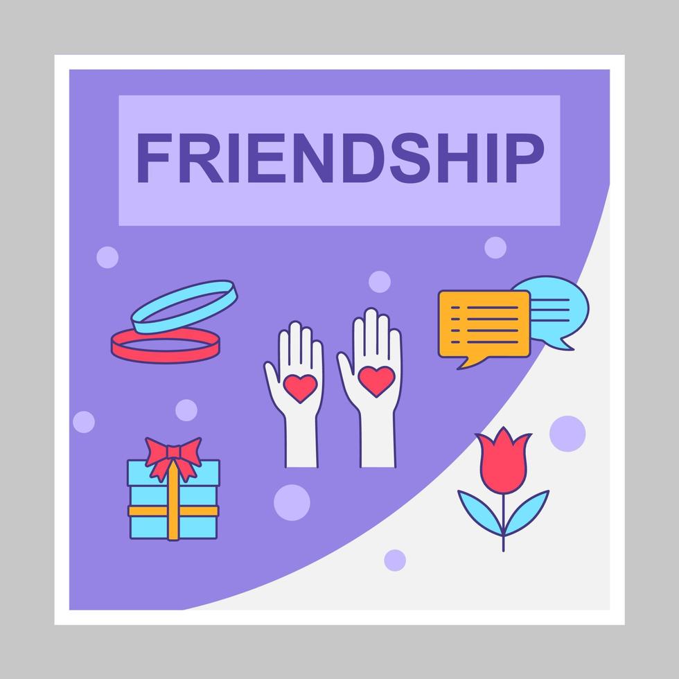 Friendship social media posts mockup. Friends. Advertising web banner design template. Social network booster, content layout. Isolated promotion border, frame with copyspace, headlines, linear icons vector