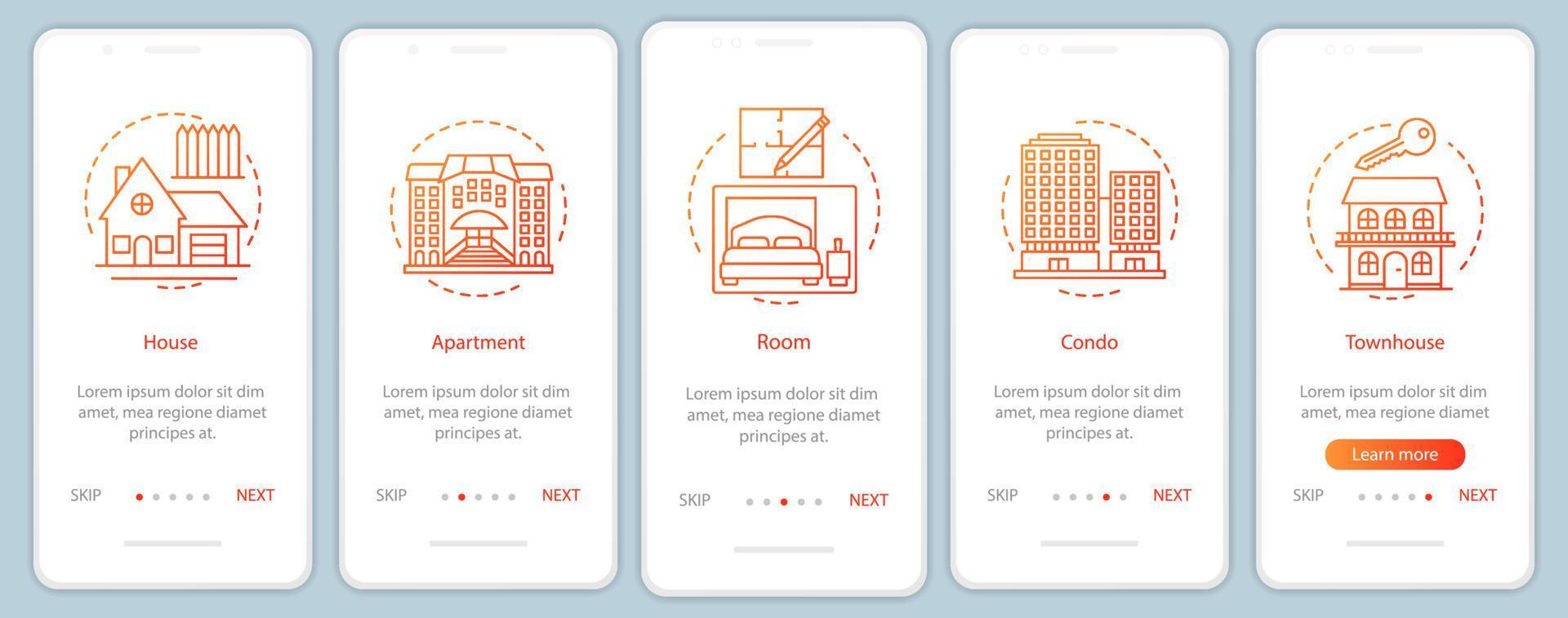 Real estate onboarding mobile app page screen with linear concepts. House, apartment, room, condo, townhouse walkthrough steps graphic instructions. UX, UI, GUI vector template with illustrations
