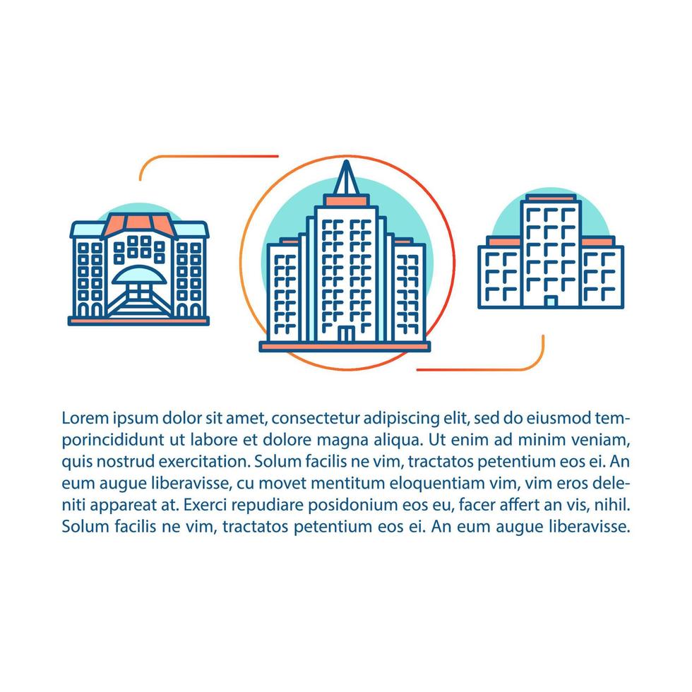 ilustración lineal de oferta de mercado inmobiliario. hotel, albergue, centro de oficinas, edificio de apartamentos. artículo, folleto, página de revista. iconos de línea fina con texto. diseño de impresión. dibujo vectorial aislado vector