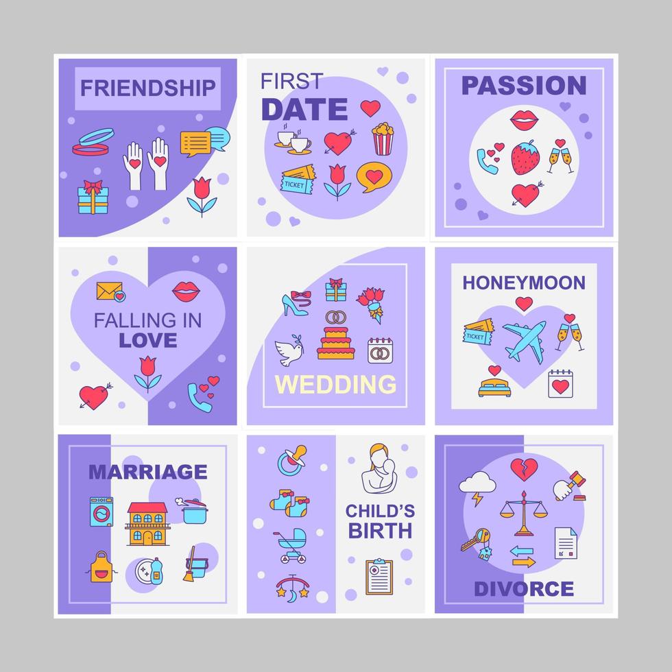 paquete de maquetas de publicaciones en redes sociales de relaciones. citas, matrimonio. plantilla de diseño de banner web publicitario. potenciador de kit de redes sociales, diseño de contenido. carteles de promoción aislados con marcos, iconos lineales vector