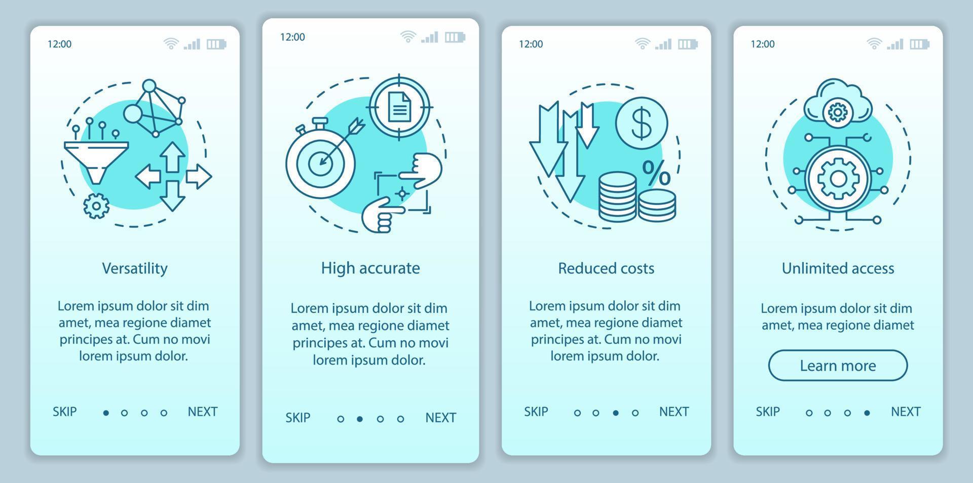 Profits of technologies onboarding mobile app page screen with linear concepts. Versatility, accurate, open access walkthrough steps graphic instructions. UX, UI, GUI vector template with illustration
