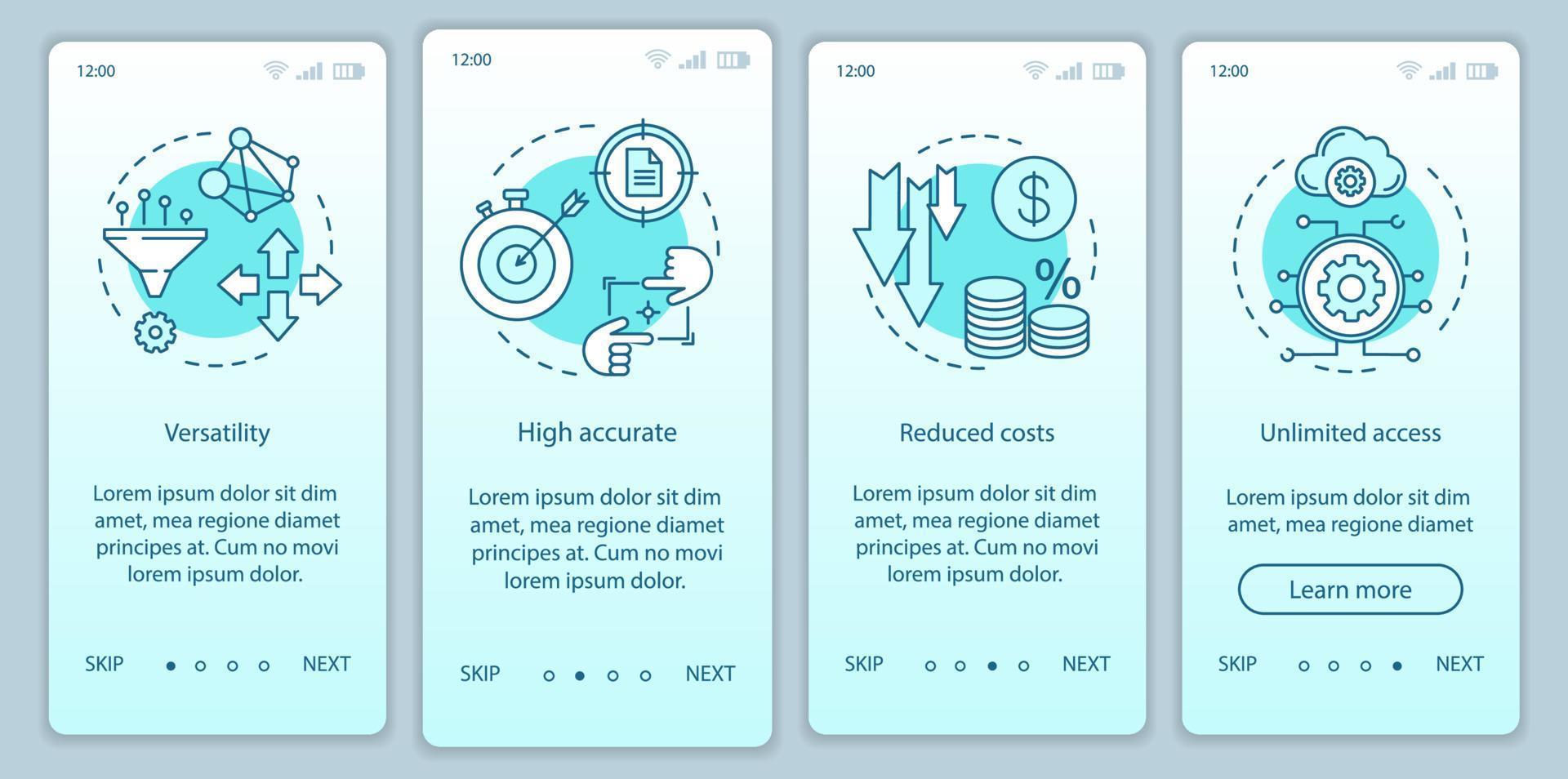 Profits of technologies onboarding mobile app page screen with linear concepts. Versatility, accurate, open access walkthrough steps graphic instructions. UX, UI, GUI vector template with illustration