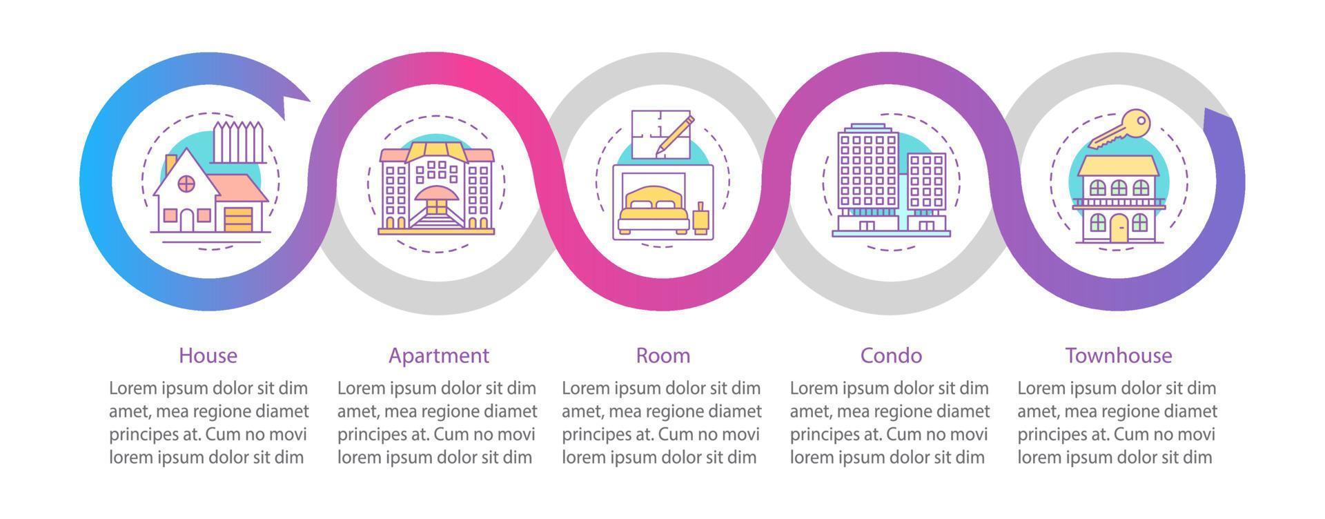 plantilla infográfica vectorial del mercado inmobiliario. elementos de diseño de presentación de negocios inmobiliarios. visualización de datos con pasos y opciones. gráfico de línea de tiempo del proceso. diseño de flujo de trabajo con iconos lineales vector