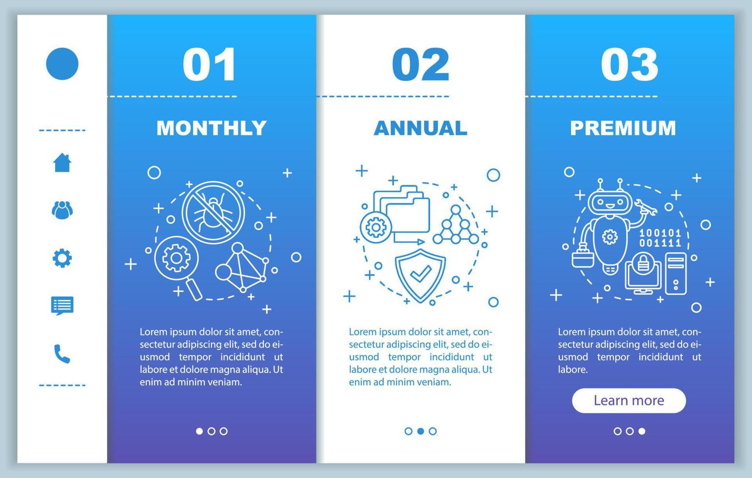 Antivirus software subscription fee onboarding mobile app screens with prices. Walkthrough website pages templates. Digital, cyber security program ttariff plans, rates steps. Smartphone payment vector