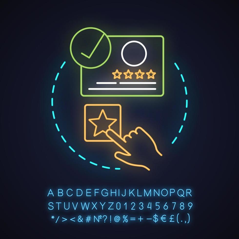 Select hotel class neon light concept icon. Trip planning idea. Hotel, hostel room booking. Glowing sign with alphabet, numbers and symbols. Vector isolated illustration