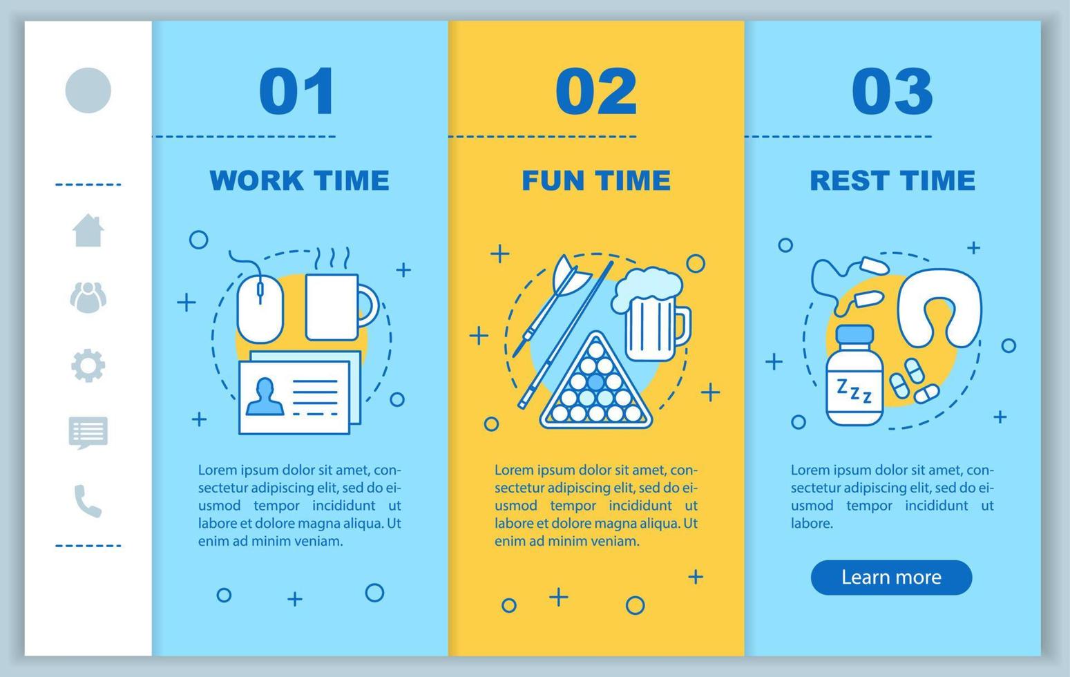 Time management onboarding mobile web pages vector template. Responsive smartphone website interface idea with linear illustrations. Rest, fun time webpage walkthrough step screens. Color concept