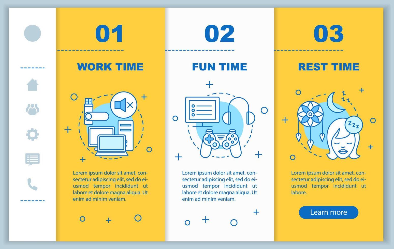 Time management onboarding mobile web pages vector template. Responsive smartphone website interface idea with linear illustrations. Work, fun time webpage walkthrough step screens. Color concept