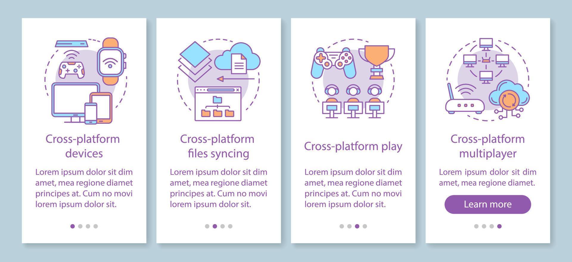 Multiplayer game onboarding mobile app page screen with linear concepts. Cross platform online synchronization walkthrough steps graphic instructions. UX, UI, GUI vector template with illustrations