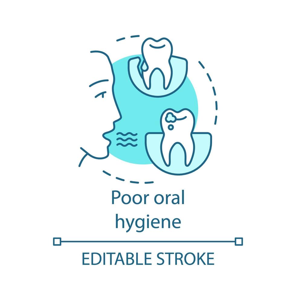 icono de concepto de higiene bucal deficiente. problemas de los pacientes de odontología. mal aliento, caries y caries. enfermedades estomatológicas idea ilustración de línea delgada. dibujo de contorno aislado vectorial. trazo editable vector