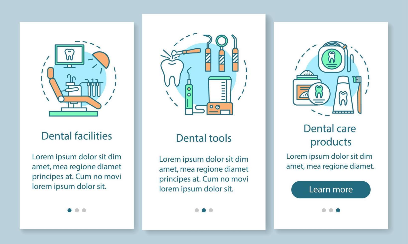 Dental stuff onboarding mobile app page screen with linear concepts. Dental facilities, appliances, care products walkthrough steps graphic instructions. UX, UI, GUI vector template with illustrations