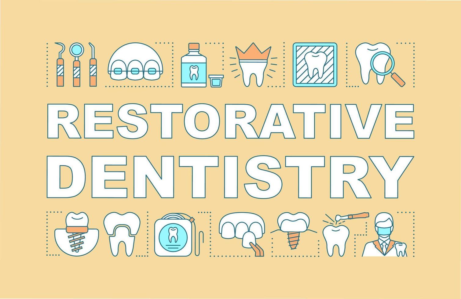 banner de conceptos de palabras de odontología restauradora. terapia dental ortodoncia. restauración de dientes. presentación, sitio web. idea de tipografía de letras aisladas con iconos lineales. ilustración de contorno vectorial vector