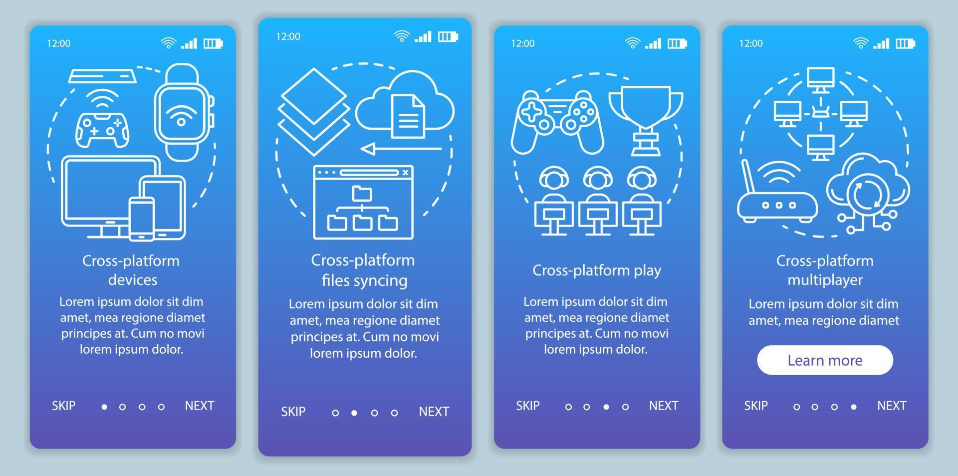 plantilla de vector de pantalla de página de aplicación móvil de incorporación de conexión de plataforma cruzada. tecnología de computación en la nube. paso a paso del sitio web con ilustraciones lineales. ux, ui, concepto de interfaz de teléfono inteligente gui