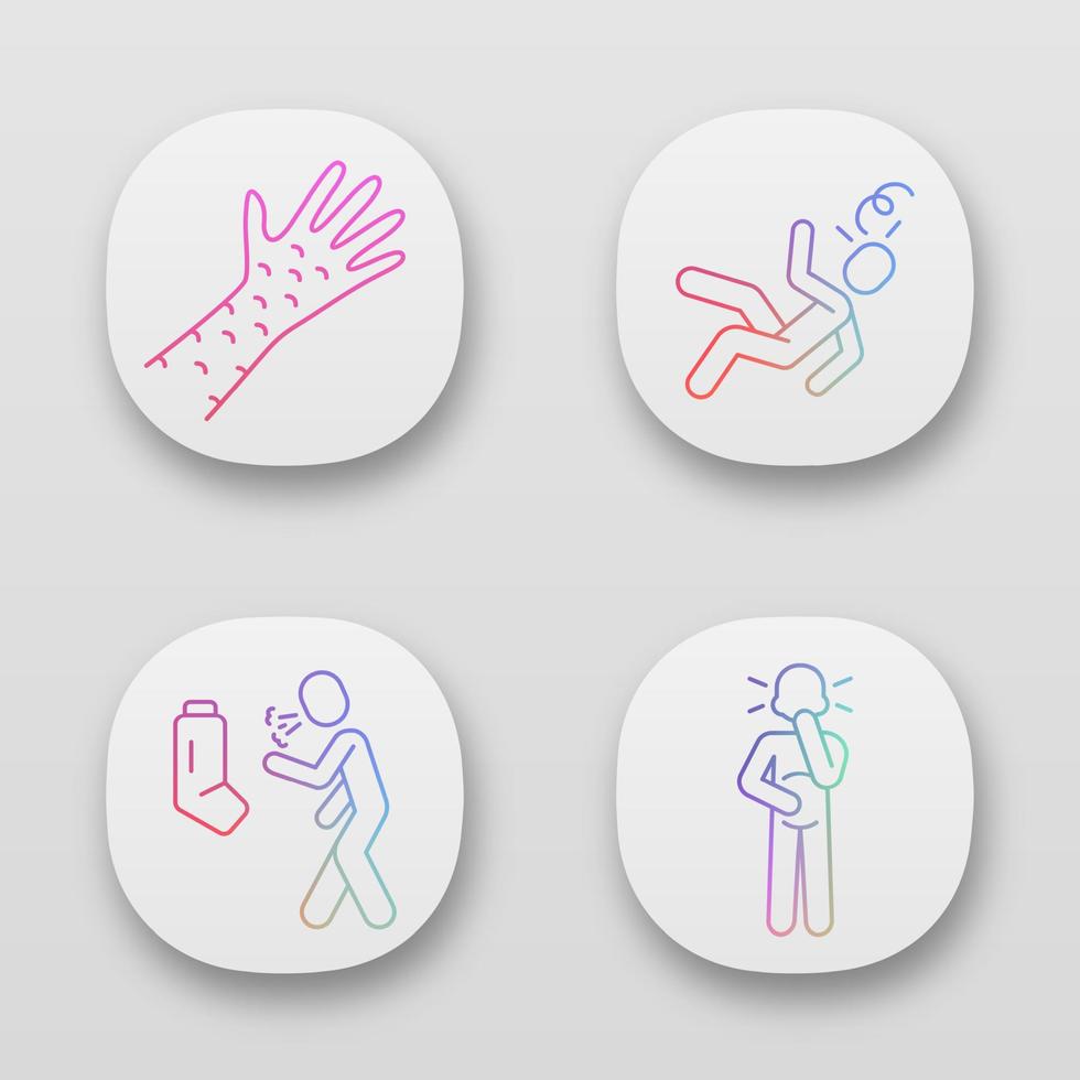 Infection, allergy symptoms app icons set. Skin rash, redness allergic reaction. Asthma, bronchitis. UI UX user interface. Contagious disease. Web or mobile applications. Vector isolated illustrations