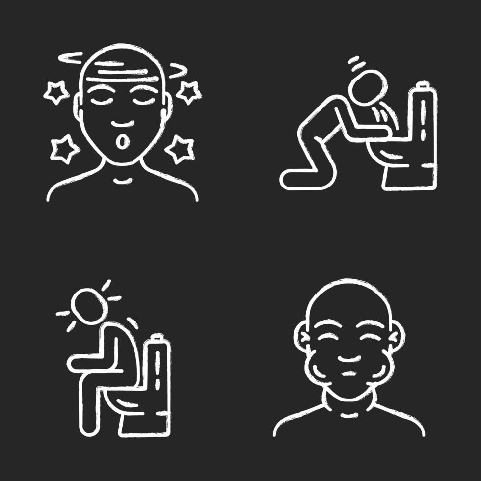 Food poisoning, allergy symptoms chalk icons set. Vomiting, diarrhea, constipation. Swelling, dizziness allergic reaction. Mumps, flu fever. Isolated vector chalkboard illustrations