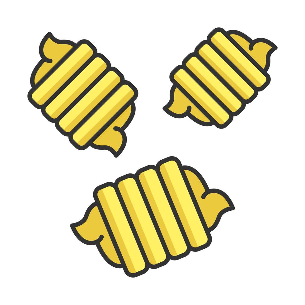 Riccioli color icon. Italian cuisine. Fusilli bucati, gemelli. Spiral macaroni. Culinary dry dough product for soup or garnish. Mediterranean noodles, pasta. Isolated vector illustration