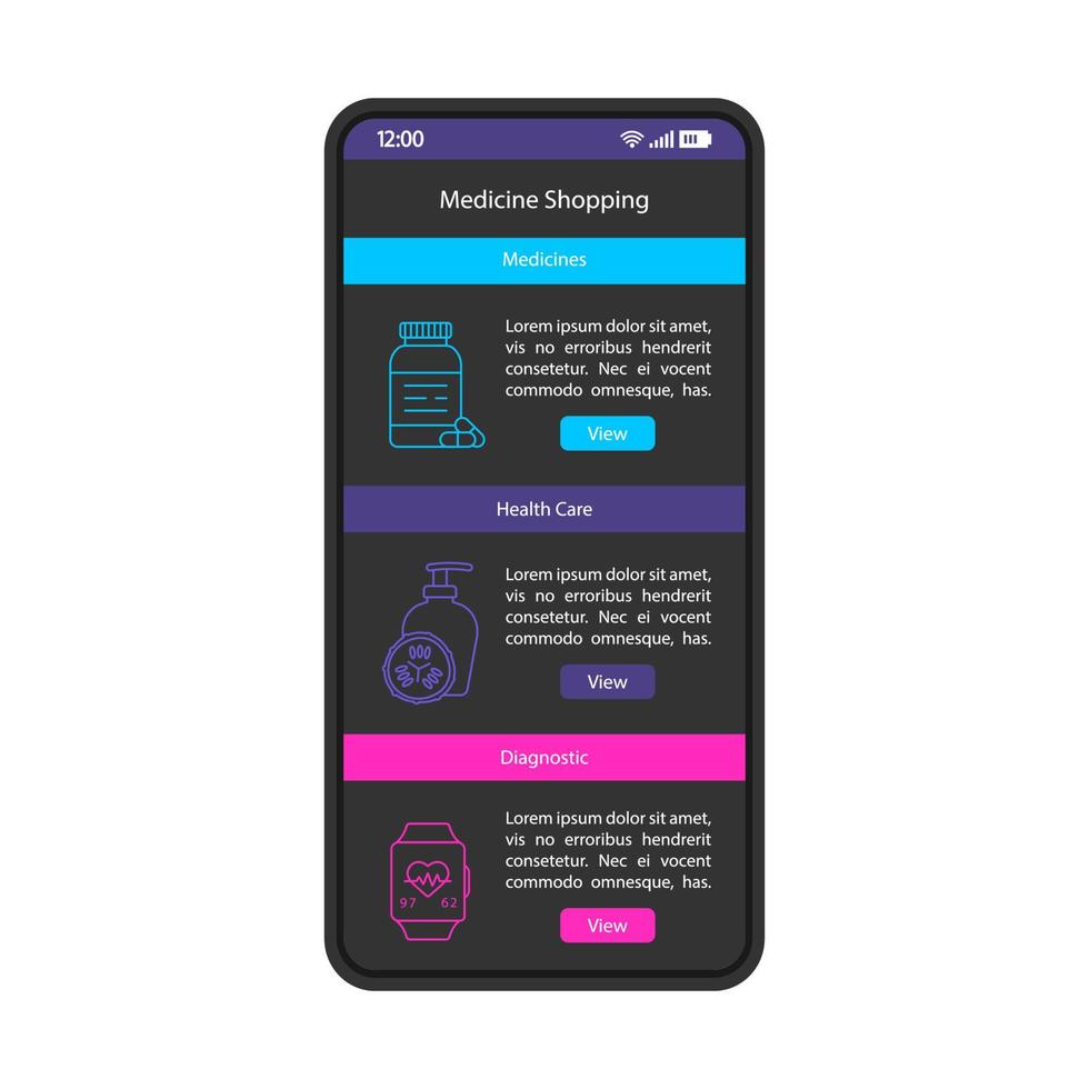 Medicine shopping smartphone interface vector template. Mobile app page black design layout. Drugs, meds purchase screen. Flat UI for application. Online pharmacy, health care equipment. Phone display