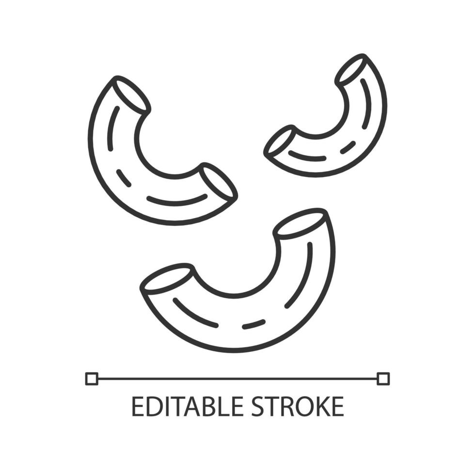 Elbows pasta linear icon. Traditional Italian macaroni. Sedani, stortini, gramigne. Bent tubes of dough. Thin line illustration. Contour symbol. Vector isolated outline drawing. Editable stroke