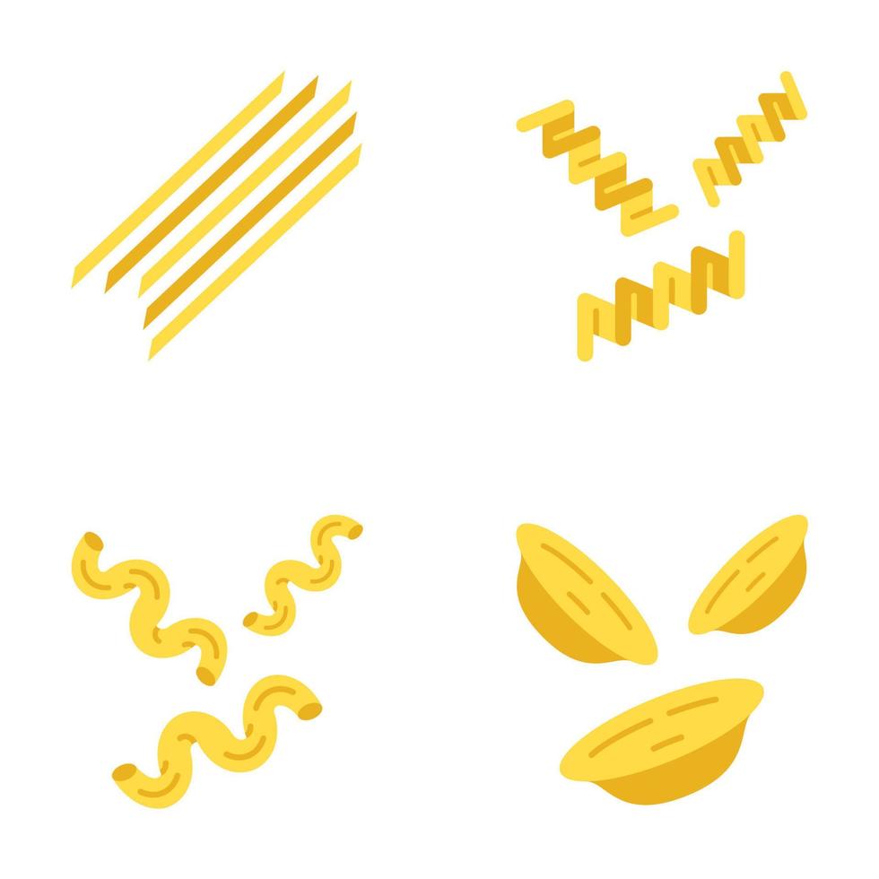 conjunto de iconos de color de sombra larga de diseño plano de fideos de pasta. espaguetis, fusilli, cavatappi, orecchiette. comida italiana de masa seca. macarrones mediterráneos tradicionales. Ilustraciones de silueta vector