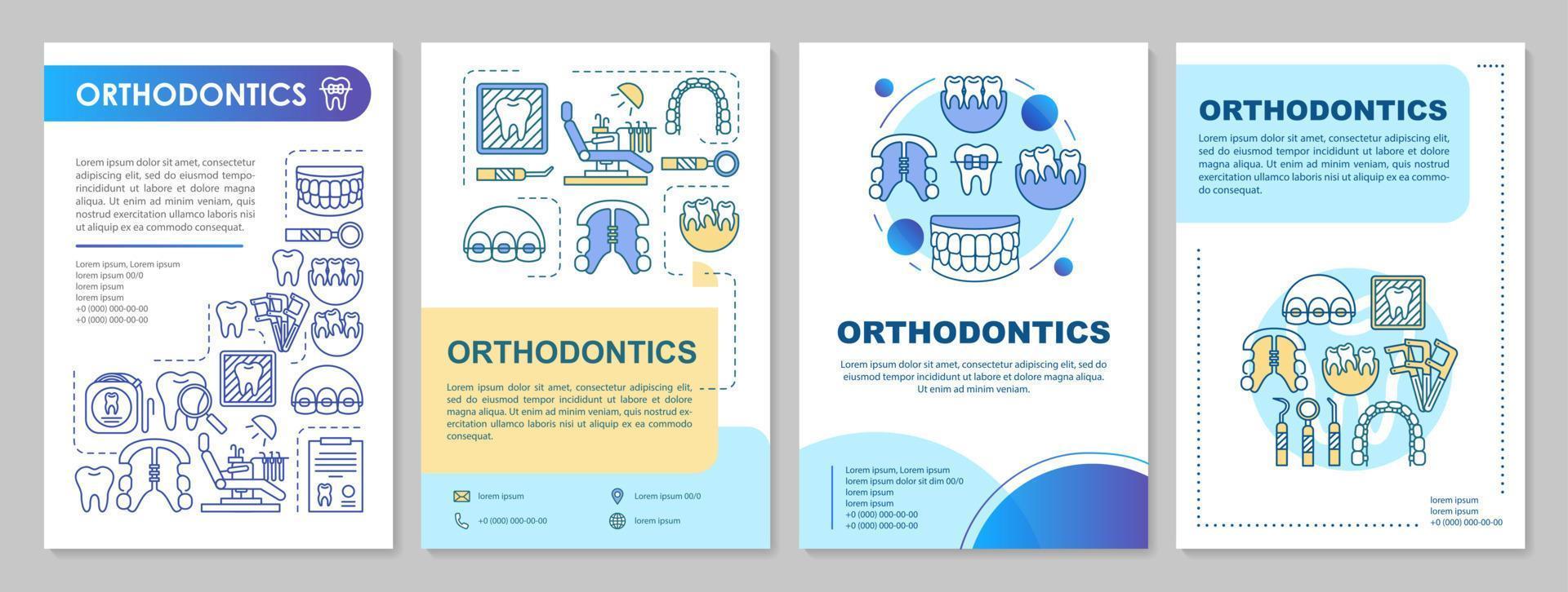 diseño de plantilla de folleto de ortodoncia. Odontología cosmetica. folleto, folleto, diseño de impresión de folleto con ilustraciones lineales. diseños de páginas vectoriales para revistas, informes anuales, carteles publicitarios vector