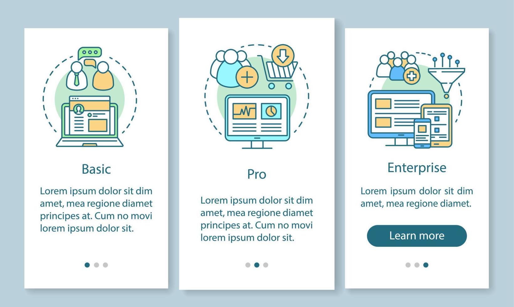 Digital marketing tools subscription onboarding mobile app page screen with linear concepts. Basic tariffs. Three walkthrough steps graphic instructions. UX, UI, GUI vector template with illustrations