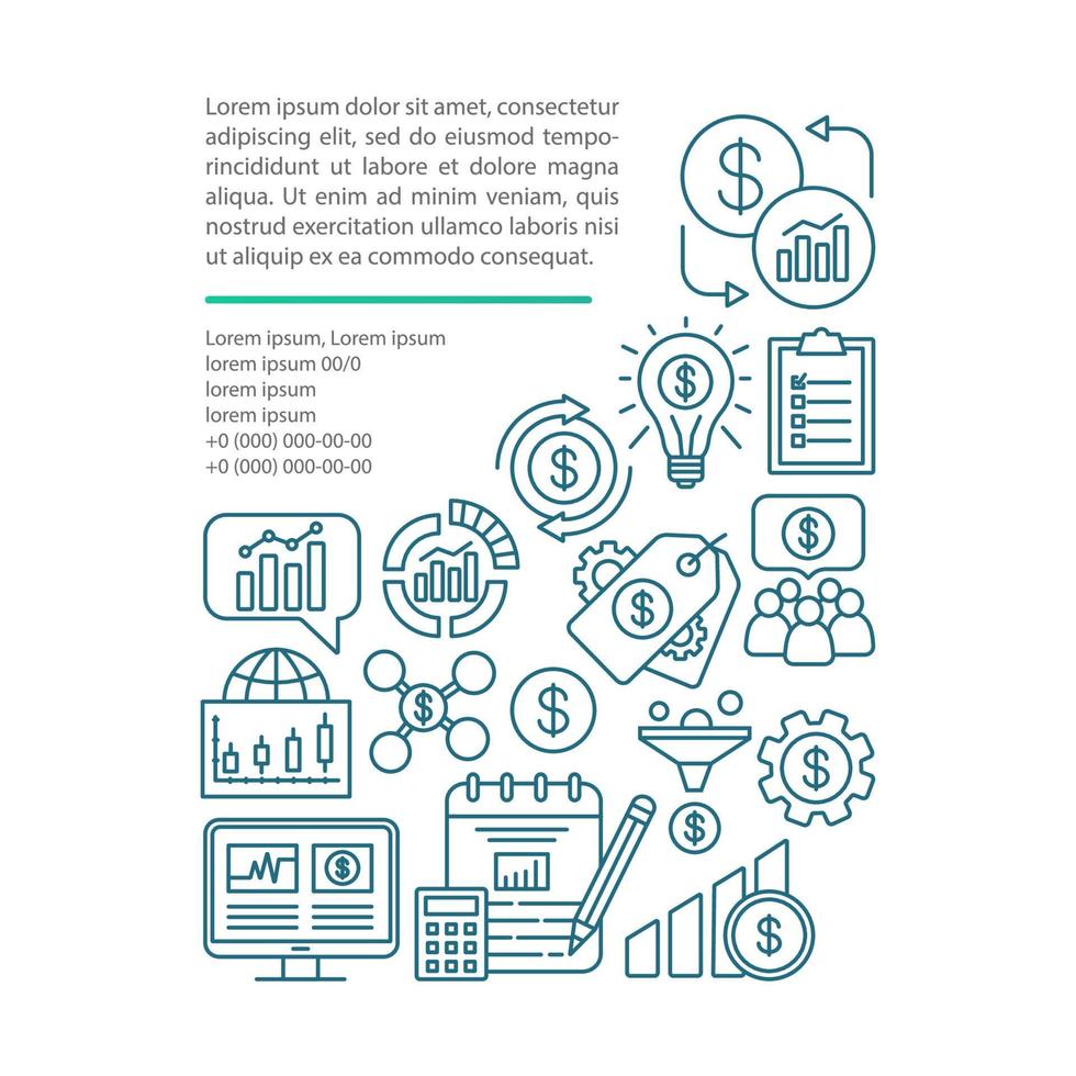 plantilla de vector de página de artículo de precios. pago requerido. folleto, revista, elemento de diseño de folleto con iconos lineales y cuadros de texto. venta de temporada. diseño de impresión. ilustraciones conceptuales con espacio de texto