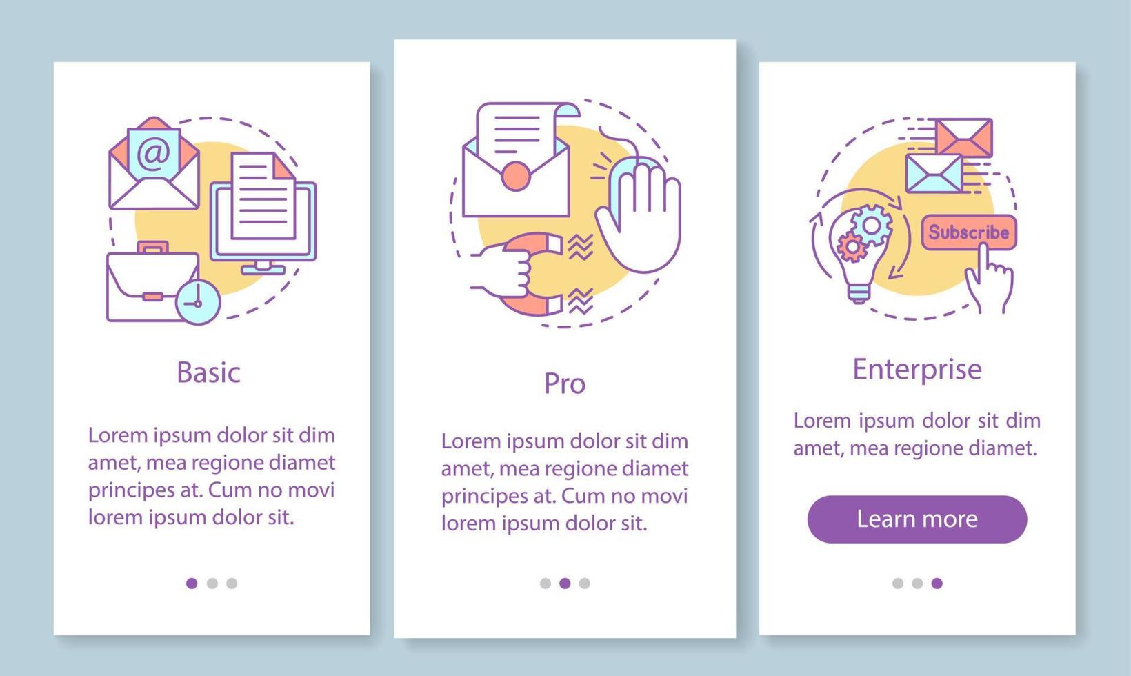 Email marketing subscription onboarding mobile app page screen with linear concepts. Basic or pro tariffs. Three walkthrough steps graphic instructions. UX, UI, GUI vector template with illustrations