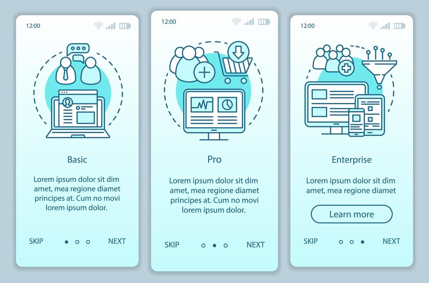 Digital marketing tools subscription onboarding mobile app page screen vector template. Basic tariff. Walkthrough website steps with linear illustrations. UX, UI, GUI smartphone interface concept