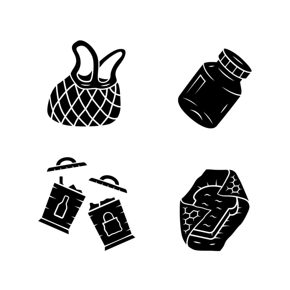 Recyclable kitchen utensils glyph icons set. Reusable mesh bag, beeswax food wrap. Refillable spices can, trash sorting containers. Silhouette symbols. Vector isolated illustration