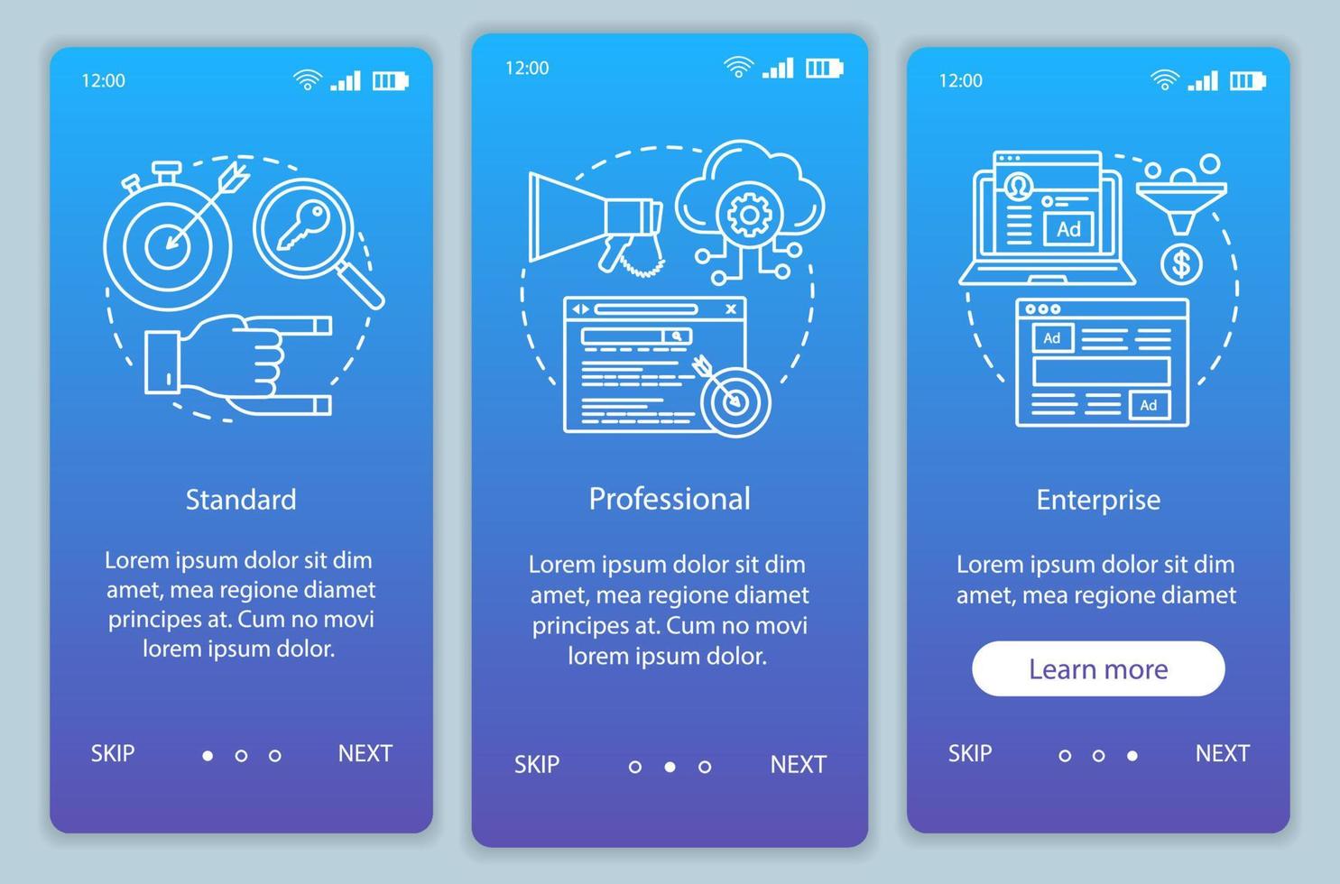 plantilla de vector de pantalla de página de aplicación móvil de incorporación de suscripción crm. paso a paso del sitio web con ilustraciones lineales. tarifas estándar o profesionales. ux, ui, concepto de interfaz de teléfono inteligente gui