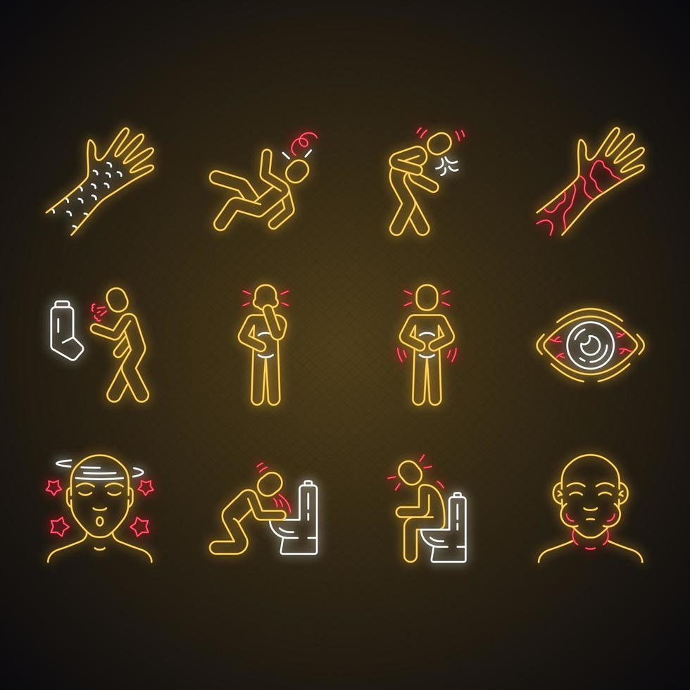 Allergy symptoms neon light icons set. Seasonal disease. Food poisoning, flu, infection. Glowing signs. Allergic reaction. Conjunctivitis, contact dermatitis. Vector isolated illustrations