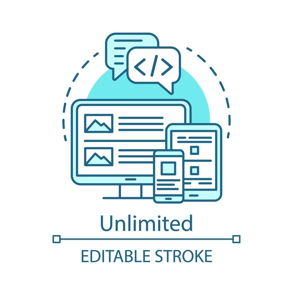 Unlimited concept icon. Website builder pricing idea thin line illustration. Mobile app. Frontend development tariff. Vector isolated outline drawing. Web application design. Editable stroke