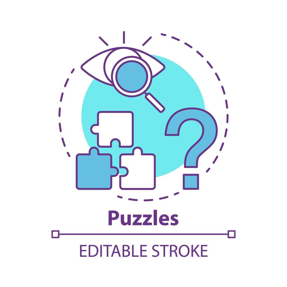 Puzzles concept icon. Quest game idea thin line illustration. Looking for answer, clues. Jigsaw parts. Solving problem, searching solution. Vector isolated outline drawing. Editable stroke